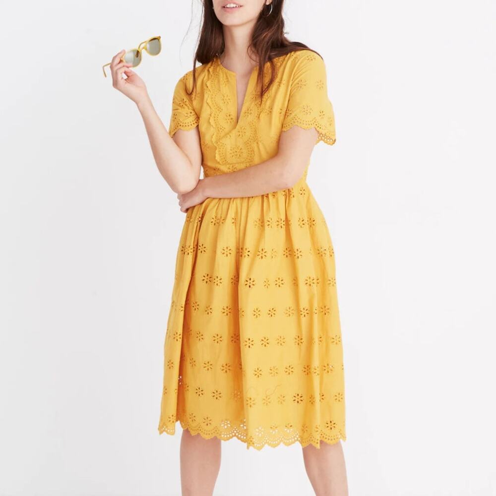 Madewell Womens Size 2 Mustard Yellow Tungsten Glow Scalloped Eyelet Midi Dress